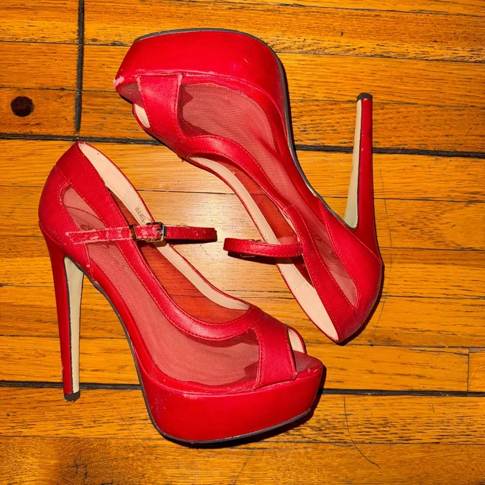Size 7 ruby red mesh platform peep toe sandals heels worn by Christian Cinn - Picture 1 of 8